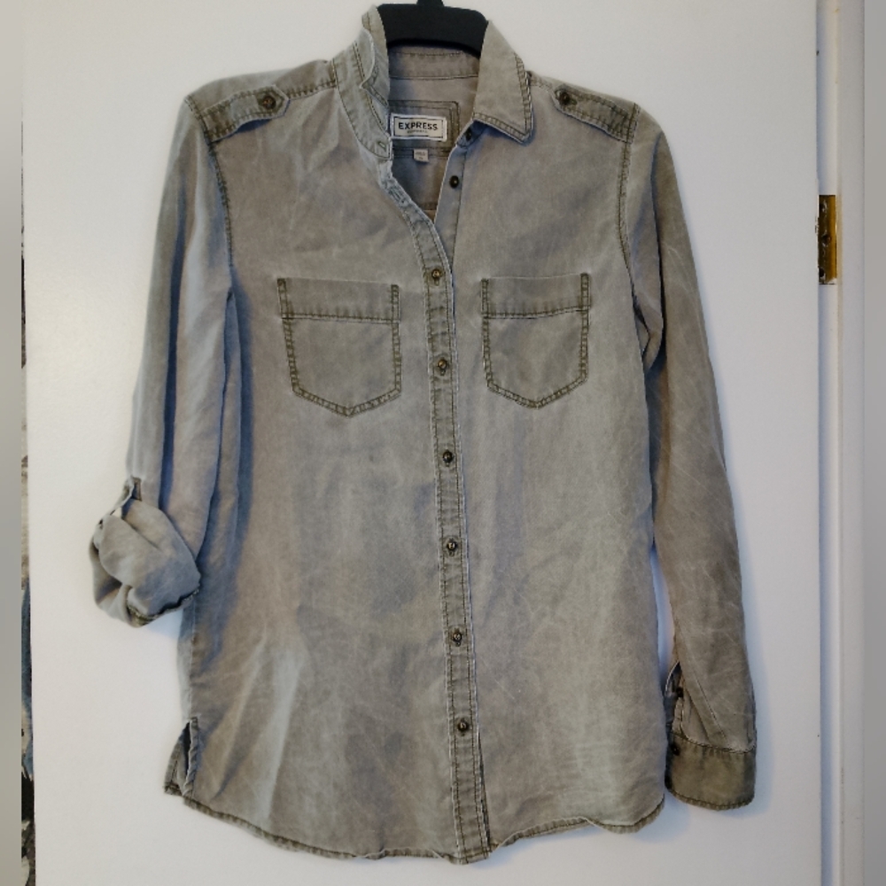 Express Olive Green Boyfriend Button-Up Shirt